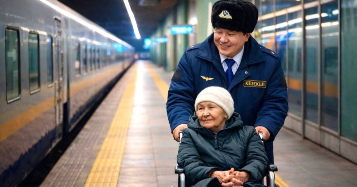 Вокзал қызметкерлері мүгедектігі бар жолаушыларға жол жүру барысында көмек көрсетеді